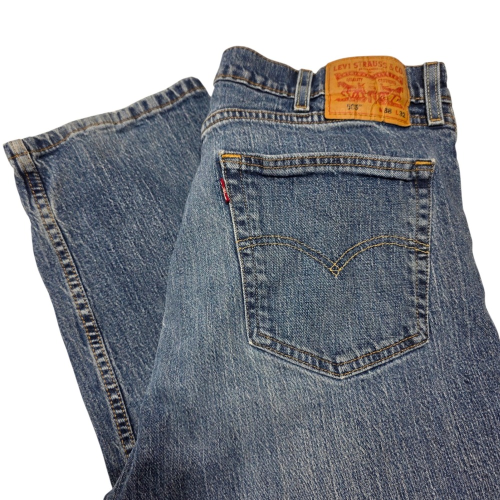 Levi's 505 Regular Fit Jeans Mens 38x32 Blue Denim Straight Leg Stretch READ